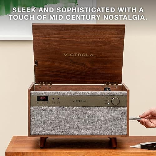Victrola Century 6-in-1 Vinyl Record Player & Music Center – 3-Speed Turntable, CD & Cassette Player, VINYLSTREAM, Bluetooth & 3.5mm Aux, Record Player with Speakers, Mid Century Design (Walnut) thumbnail 4
