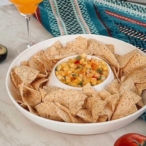 Mora Ceramic Chips and Dip Serving Tray: Large Divided Party Bowl Set for Chips & Salsa, Veggies & Dip, Fruit, Snacks, Entertaining, Hosting, etc. Minimalist Design for the Modern Hostess - White - Vanilla White thumbnail 7