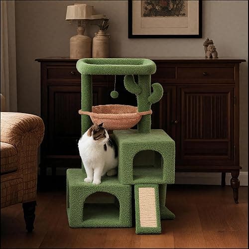 AIWIKIDE 37.4" Cactus Cat Tree Tower with Twin Cat Condos for Indoor Cats, All-in-One Activity Center with Cat Scratching Post Cozy Sleeping Perch Hammock and Toy Balls,Green … thumbnail 6