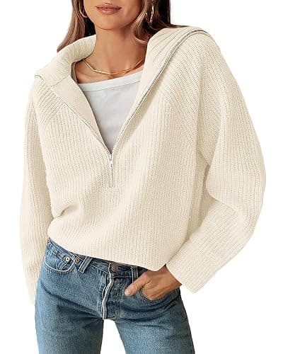 BTFBM Womens Sweaters Quarter Zip Pullover V Neck Collar Long Sleeve Ribbed Knit Loose Casual 2025 Winter Fall Sweater - Image 1