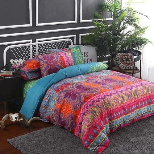 Boho Queen Duvet Cover, 100% Microfiber Ethnic Bohemian Colorful Bedding Set for Men Women, Yellow Orange Modern Geo Bohemian Print Duvet Cover, with Zipper Closure Luxury Soft Durable (Queen, 3pcs) thumbnail 6