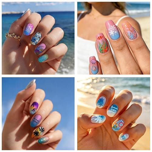 Arbuya Tropical & Ocean Nail Stamping Plates Set of 3 - Palm Leaves,Starfish, Coral, Stripes & Summer Drinks Design Template for Beach Nail Art DIY Print Manicure Salon Design Supplies Tool thumbnail 4