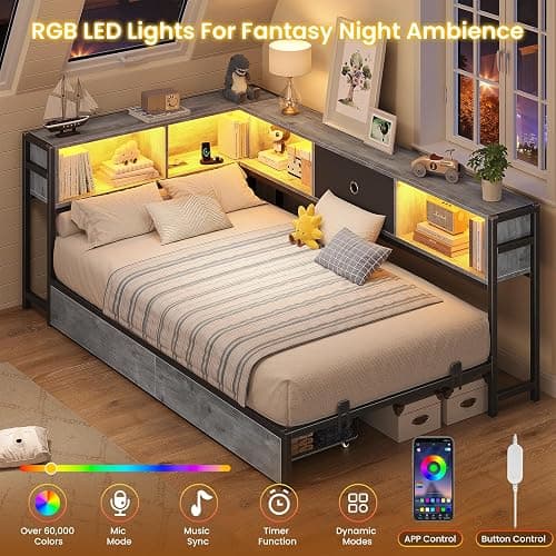 Hasuit Twin Corner Bed Frame with Storage Drawers and Bookcase Headboard, Twin Size Metal Platform Corner Bed Frame with Charging Station and LED Lights, Twin Daybed for Kids Teens Guests, Oak Gray thumbnail 6