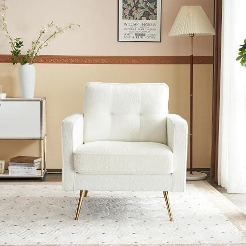 VINGLI Upholstered Living Room Chairs White Accent Chair Fluffy Teddy Fabric Mid Century Modern Sofa Chairs with Arms, Gold Legs for Reading, Bedroom, Waiting Room thumbnail 7