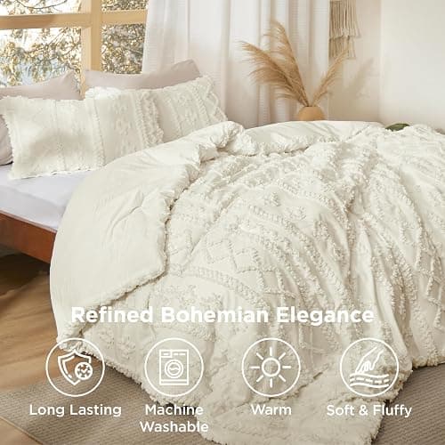 Bedsure Tufted Boho Comforter Set Queen Size - White Boho Bed Set, GentleSoft™ 3 Pieces Farmhouse-Style Embroidery Bedding, Gifts for Woman, Soft Jacquard Kids' Queen Comforter for All Seasons thumbnail 4