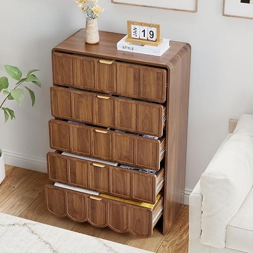 ORRD 5 Drawer Dresser for Bedroom, Modern Closet Chest of Drawers with Wave Fluted Drawer, Wood Storage Small Dresser Organizer for Nursery Bedroom Living Room Hallway Closet (Walnut) thumbnail 5