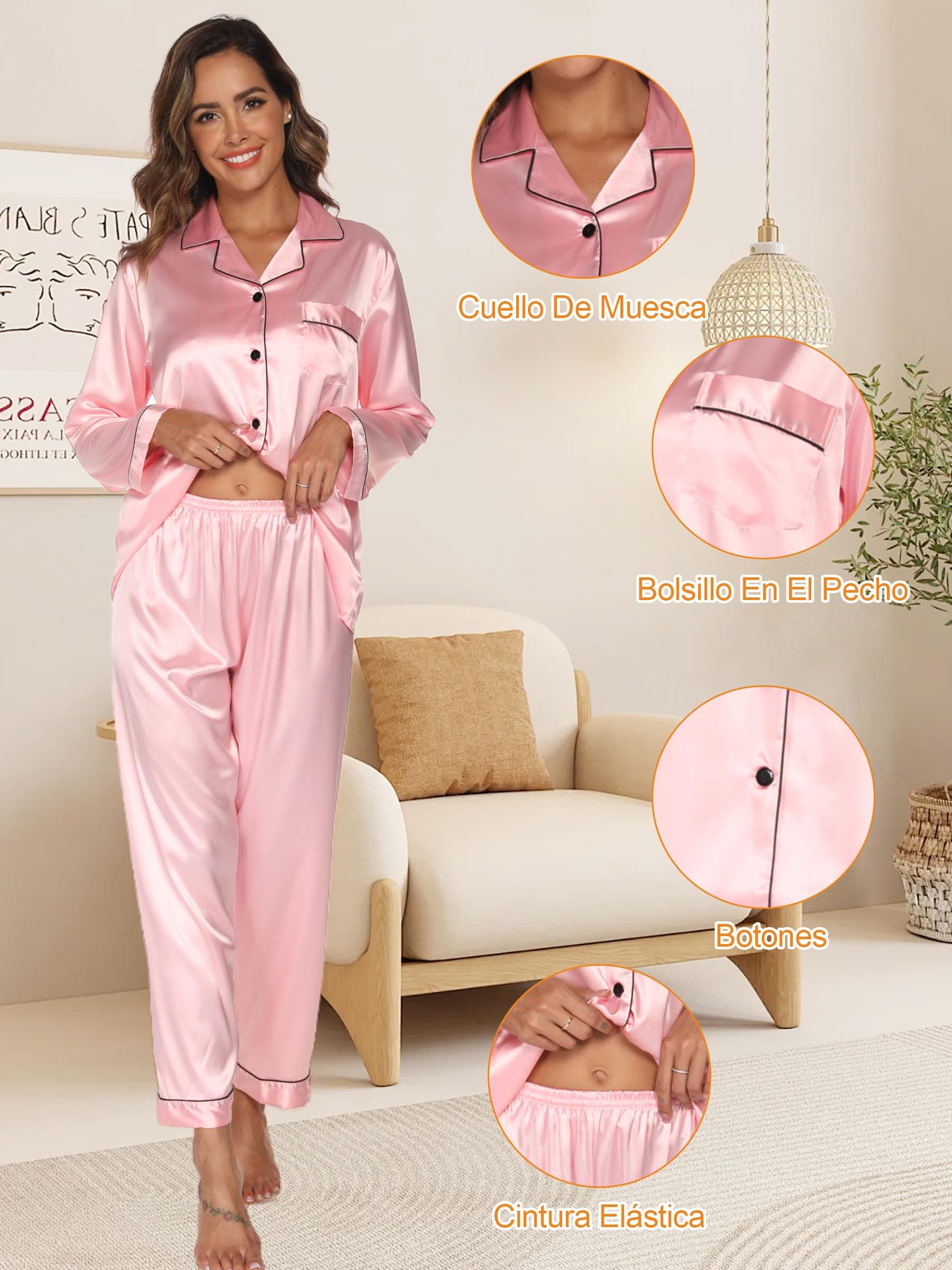 Tefola Pijama de Mujer de satén de Seda sintética-Mujeres Color sólido de Manga Larga Pijamas de Seda Camisones, Conjunto de Pijamas con Botones thumbnail 2