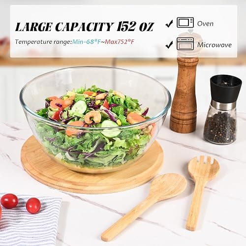 LOVYANXUE 10.6" Glass Salad Bowl with Lid, 4.7 Quart Large Capacity Serving Bowls and Mixing Bowls with Utensils, Versatile Serving Dish for Salads,Fruits,Pasta,Popcorn,Trifle Bowl, Microwave Safe - Clear thumbnail 3
