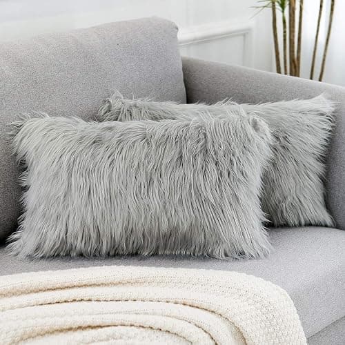 WLNUI Set of 2 Light Grey Decorative Lumbar Fluffy Pillow Covers New Luxury Series Merino Style Faux Fur Throw Pillow Covers Fuzzy Cushion Case Spring Easter Home Decor 12x20 Inch - Image 1