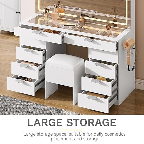 DWVO Makeup Vanity Table with Stool, Large Mirror, 10 Drawers, LED Lights with 3 Color Settings, USB & Power Outlets, Glass Top Dressing Table thumbnail 6