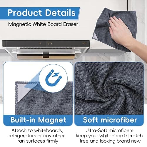 GoClimber 4 Pack Magnetic Microfiber Cleaning Cloth, Dry Erase Erasers Cleaner for Whiteboards, Blackboards, Chalkboards, Glassboards, Home, Office, School, Gray, 10'' x 9.25'' thumbnail 3