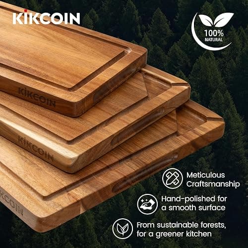 Kikcoin Wood Cutting Boards for Kitchen, 3 PCS Wooden Cutting Board Set with Holder, Chopping Board with Built-In Compartments and Juice Groove, Solid Charcuterie Board Serving Tray Wood Butcher Block thumbnail 7