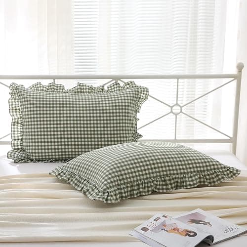 K MASANIJI 2 Pack Sage Green White Plaid Ruffle Pillow Shams Standard Size, 100% Washed Cotton Gingham Checkered Farmhouse Pillowcases for Bed/Sofa - 20"x26" thumbnail 7