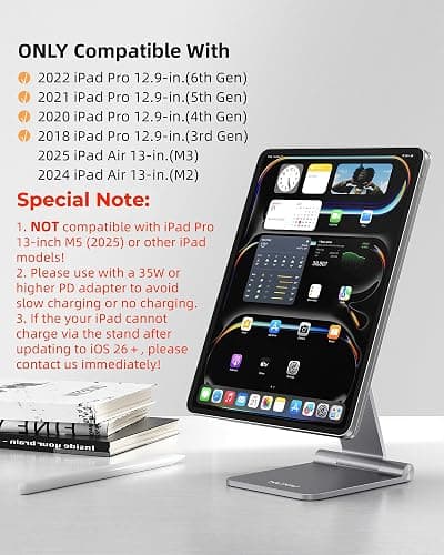 KU XIU [Upgrade] Magnetic Wireless Charging Stand for Pad Pro 12.9 (3rd/4th/5th/6th) & iPad Air 13 (M2/M3) ONLY, Foldable Aluminum Alloy Tablet Holder for Desk, Adjustable Desk Mount with 1M Cable thumbnail 2