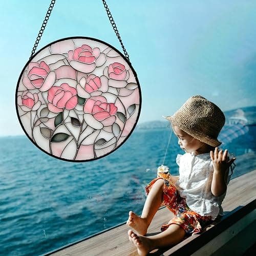 CHATYOUNG Stained Glass Window Hanging Abstract Flowers 6.3" - Suncatcher Bedroom Door Garden Home Decor and Christmas Valentine for Grandma Nana Mom Women Wife Girlfriend thumbnail 2