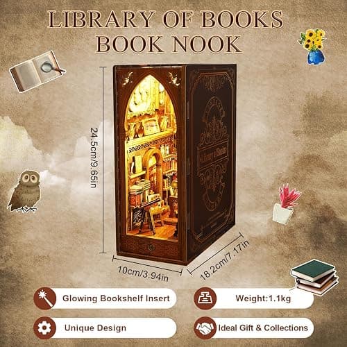 CRIOLPO Book Nook Kit - DIY Dollhouse Booknook, Book Nook Miniature Kit for Bookshelf Insert Decor Crafts for Adults Teens, 3D Wooden Puzzle Bookends with Sensor Led Light (Library of Books) thumbnail 2