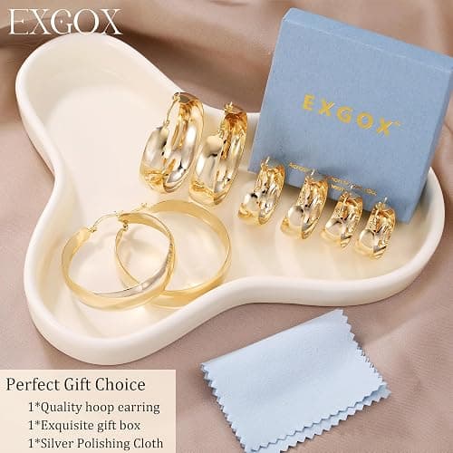 EXGOX Gold Hoop Earrings for Women Sterling Silver Post Hoops Earrings for Women Wide Thick Silver Hoop Earrings Hypoallergenic Lightweight 14k Real Gold Plated Hoop Large Earrings (25/30/40/50MM) thumbnail 7