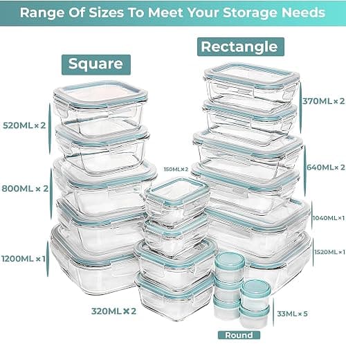 Razab 35 Pc Set Glass Food Storage Containers with Lids - Meal Prep Airtight Bento Boxes BPA-Free 100% Leak Proof (15 lids,15 glass & 5 Plastic Sauce/Dip Containers) thumbnail 2