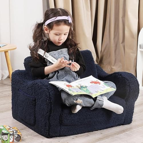 MOMCAYWEX Kids Sofa, 2-in-1 Flip-Out Foam Couch with Soft Sherpa Cover, Cozy Play Lounge Chair, Dark Blue thumbnail 2