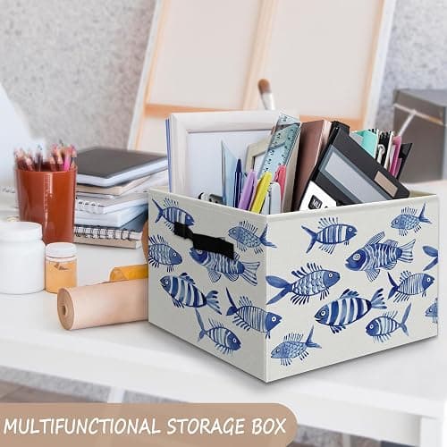 JUIOEIU Blue Fish Beach Coastal Foldable Storage Bins Box with Handles, Watercolor Ocean Animals Fish Beachy Collapsible Organizer Basket for Beach Bedroom Bathroom Clothes Toys Books thumbnail 2