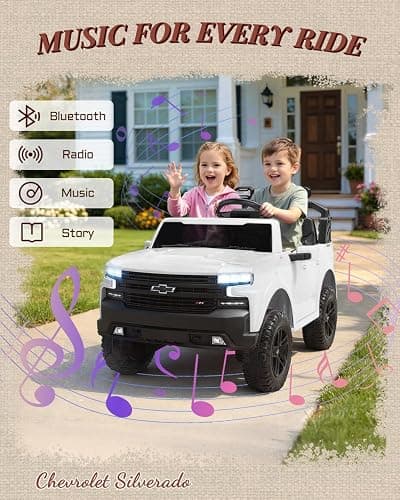 First Ride On 24V 2 Seater Ride on Car for Kids, Licensed Chevrolet Silverado Electric Car for Kids with Remote Control, Ride on Truck with Bluetooth, LED Lights and Seat Belts (White) thumbnail 3