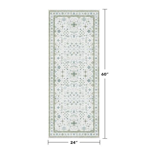 Hazo Haus Washable Oushak Bathroom Runner Rug 2x5 - Eclectic Boho Floral Pastel, Non Slip Low Pile Stain Resistant Small Throw Rug for Bedroom, Laundry Room, Powder Room, Cream Green thumbnail 2