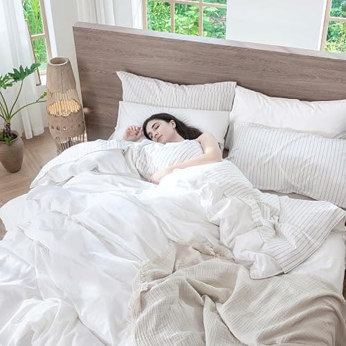 MooMee Twin Sized Duvet Cover Set 100% Washed Cotton Linen Like Twin | Relaxed Linen-like Texture. Soft, Breathable & Long-lasting Comfort. Lightweight. Hidden Zipper with 8 Interior Corner Ties thumbnail 2