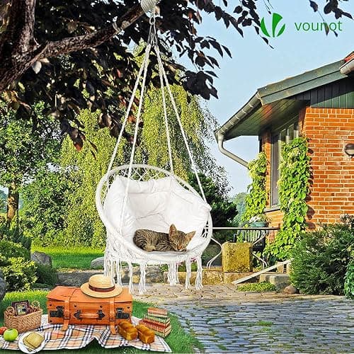 VOUNOT® Hanging Chair with Cushion, Macrame Hammock Swing Chair for Bedroom, Balcony, Patio, Garden, Indoor or Outdoor, 265LBS Capacity, Beige thumbnail 4