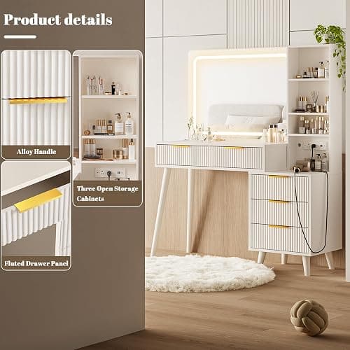 Vanity Desk with Mirror and Lights, Makeup Vanity Desk with Power Outlet, Makeup Desk with 5 Drawers&Storage Shelves, Vanity Table 3 Color Modes Adjustable Brightness Dressing Table Set for Bedroom thumbnail 5