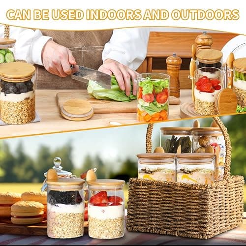 Eidoct 4-Pack Overnight Oats Containers with Wooden Lids and Spoon | 16 oz Overnight Oats Jars, Glass Food Storage Container for Oatmeal, Chia Pudding, Yogurt, Salad, Cereal thumbnail 7
