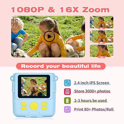 Phetium Kids Camera Instant Print, Christmas Birthday Gifts Toys for 5 6 7 8 9 10 Year Old Girls Boys,1080P Digital Video Cameras for Toddler, Creative Presents for Children, with Print Papers (Blue) thumbnail 4