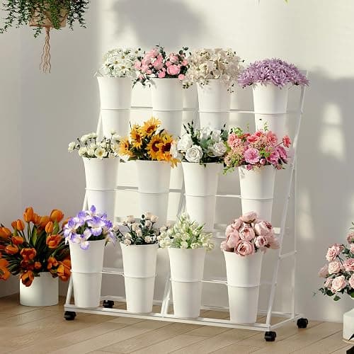 Invech Flower Display Stand with 12 Buckets and Wheels, 3 Tier Flower Cart Display Stand for Indoor Outdoor Garden, Wedding, Flower Shop (White) thumbnail 2