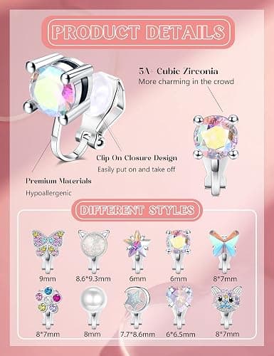 Thunaraz 10 Pairs Clip on Stud Earrings Non Pierced Butterfly Flower Pearl CZ Clip on Earring for Girls Women Hypoallergenic Non Pierced Earrings Set for Girls thumbnail 3