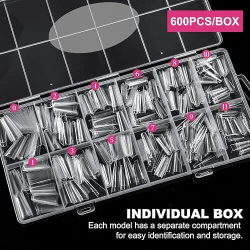Krofaue 1200PCS Coffin Nail Tips, Clear & Natural Half Cover, 12 Sizes | Clear & natural, ABS material, C-curve half cover, 12 sizes with box, easy to decorate, for salon and home DIY thumbnail 5