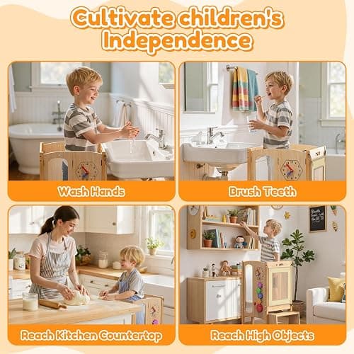 FlyingBoom Foldable Toddler Tower, Kitchen Stool Helper with 2 Step Stool, Toddler Standing Tower for Kids with Safety Net, Adjustable Height, Chalk-Whiteboard &Montessori Activity Games thumbnail 6