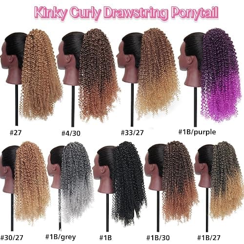 GOTEFERBE Kinky Curly Drawstring Ponytail 1B Off Black Afro Curl Synthetic Fiber Clip In Ponytail for Women Thick Coily Curls Natural Looking Hairpiece 18 Inch thumbnail 5