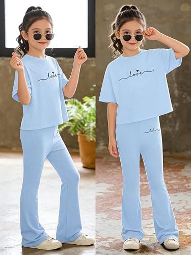 Alopncy Tween Girls 2PCS Outfit Set 8-13Y Crop Top & Flare Pants with Bowknot and Heart Print Casual Girl Clothes thumbnail 4