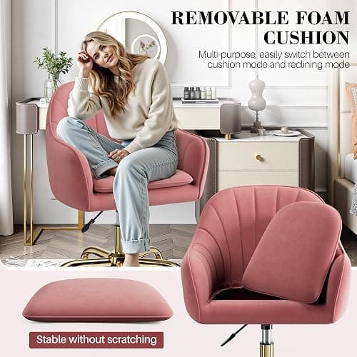 BestEra Vanity Chair with Wheels, Comfy Home Office Desk Chairs Adjustable Modern Velvet Makeup Vanity Chairs for Bedroom Living Room-Dusty Rose thumbnail 7