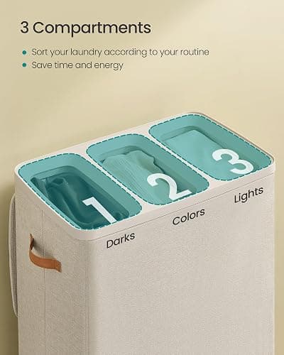 SONGMICS Laundry Basket, 50.2 Gal. Laundry Hamper, 3 Compartments, Easy Assembly, with Lid and Handles, Removable Liners, 25.2 x 15.7 x 29.5 Inches, Cappuccino Beige ULCB814LH01 thumbnail 4