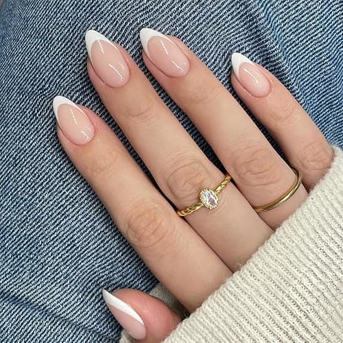 KQueenest 30 Pcs White French Tip Press on Nails Short Almond Nails Acrylic,Medium Natural Nude Fake Nails Press ons,Classic False Nails Short,Gel French Nails for Women DIY Instant Manicure - Image 1