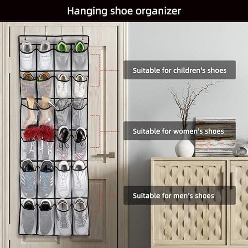 SAVERHO Over The Door Shoe Organizer, Hanging Shoe Organizer with 24 Mesh Large Pockets Door Shoe Rack Organizer for Men Women Kids Hanging Shoe Storage Bag.(White thumbnail 6