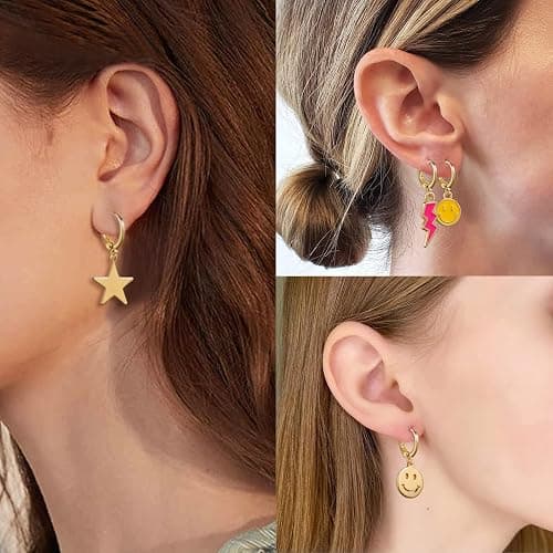 9 pairs /18 pairs, college style earrings, fashion personality Hypoallergenic Earrings for Girls smile heart star lightning and colorful pendant, make you look more vibrant, energetic, young thumbnail 3