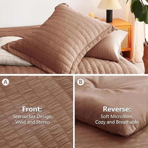 CozyLux Queen Comforter Set Mocha Mousse Seersucker 7 Pieces Bed in a Bag Queen Comforter Set with Sheets, Luxury Bedding Sets with Down Alternative Comforter, Sheets, Pillowcases & Shams All Seasons thumbnail 4