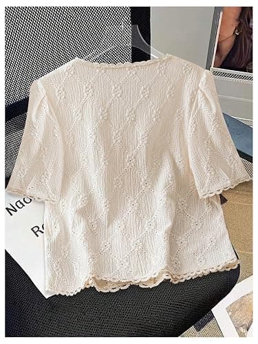 COZYEASE Women's Floral Embroidered Button Down Blouse Frill Trim Short Puff Sleeve V Neck Vacation Shirts thumbnail 2