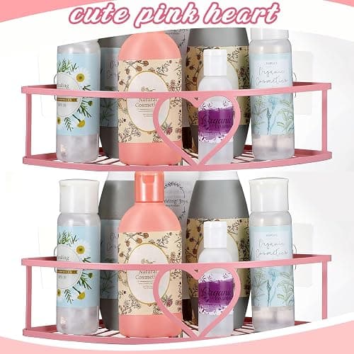 Otoolling 2 Pack Pink Heart Corner Shower Caddy No Drilling Pink Shower Shelves Coquette Corner Caddy with 5 Adhesive Hooks Sweet Decor for Bathroom Kitchen Bedroom thumbnail 4