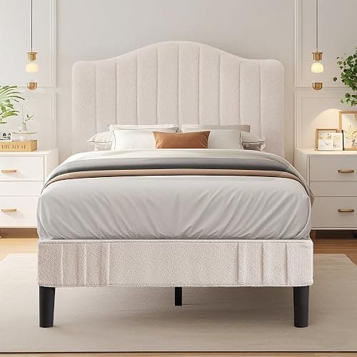 VECELO Twin Bed Frame Upholstered Platform Bed Frame with Height Adjustable Teddy Fabric Headboard, Strong Wood Slats Supports 7.9'' Under Bed Space Noise Free No Box Spring Needed, Cream thumbnail 8