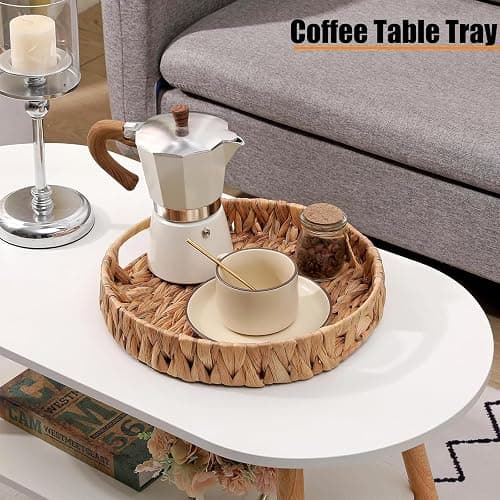 Round Woven Coffee Table Ottoman Tray with Handles - 11.8" x 1.9" Water Hyacinth Wicker Serving Tray, Decorative Storage Basket for Home & Kitchen. thumbnail 2