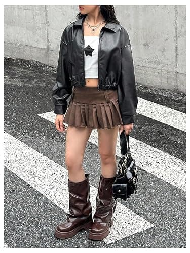 BEAUDRM Girl's PU Leather Jacket Long Sleeve Y2k Jackets Collared Neck Motorcycle Coat Outerwear thumbnail 3