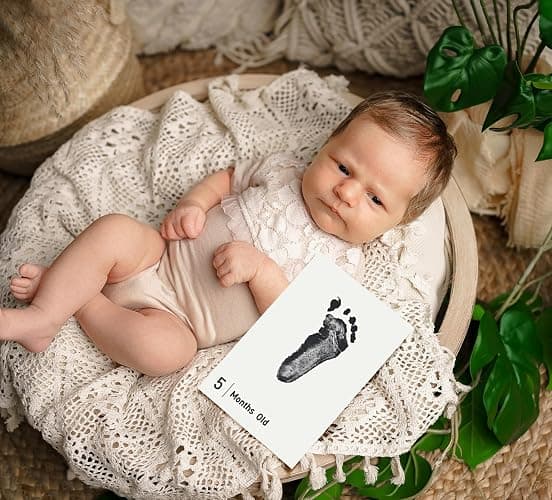 14 Pieces Baby Inkless Milestone Cards,1 Month to 12 Month Hand and Footprint Kit,Dog or Cat Pet Paw Print Kit,Newborn Safe Inkless Pad,Hello World Newborn Sign Memory Kit(14 Ink Pad+14 Papers) thumbnail 4