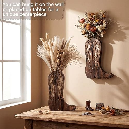 Havawish 2 Pcs Western Wall Decor Wood Cowboy Boots Wall Planter for Indoor Plants 12 x 8'' Western Boot Flower Hanging Vase for Flower Faux Rustic Home Decor for Bathroom Bedroom(Rustic Brown) thumbnail 5